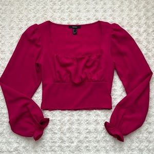 Forever 21 Magenta Blouse Square Neck Peasant Sleeve Wrist Ruffle Detail